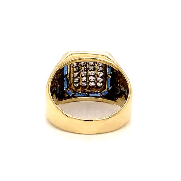 Modern Mens Diamond & Sapphire Pinky Ring, 14K Yellow Gold, D.0.40, S.0.52 Ctw