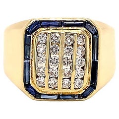 Mens Diamond & Sapphire Pinky Ring, 14K Yellow Gold, D.0.40, S.0.52 Ctw