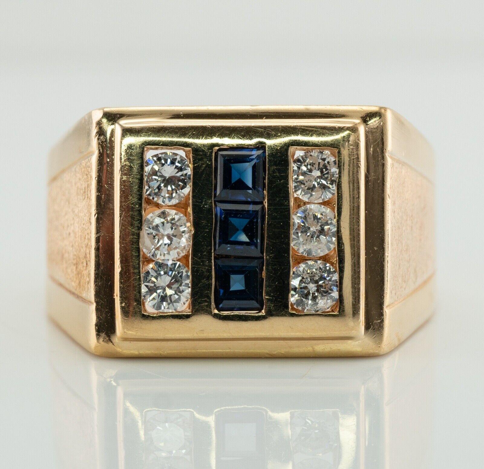 This estate ring is crafted in solid 14K Yellow gold (stamped).
Three square cut natural blue Sapphires measure 3mm each (appr. .45 carat).
Six diamonds total .42 carat of SI1 to I1 clarity and H color.
The top of the ring measures 13mm