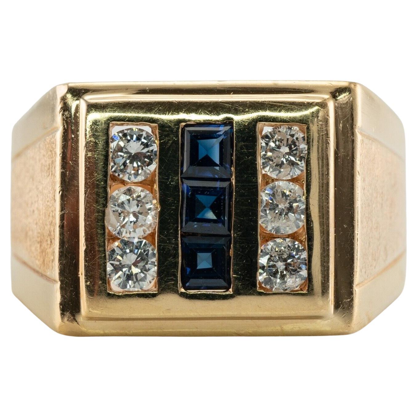Mens Diamond Sapphire Ring Band 14K Gold For Sale