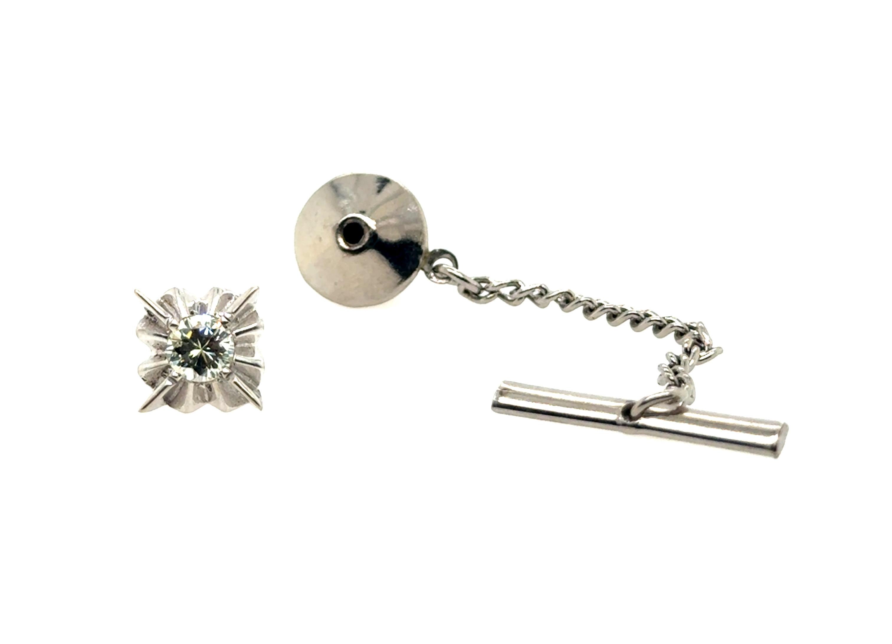 Herren Diamant Krawattennadel Pin 14K Weißgold Mined .36ct Runde Brillantschliff (Rundschliff) im Angebot