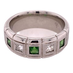 Men's Diamond Tsavorite 14 Karat White Gold Band Ring Princess Cut Diamonds