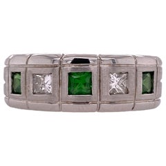 Men's Diamond Tsavorite 14 Karat White Gold Band Ring Princess Cut Diamonds