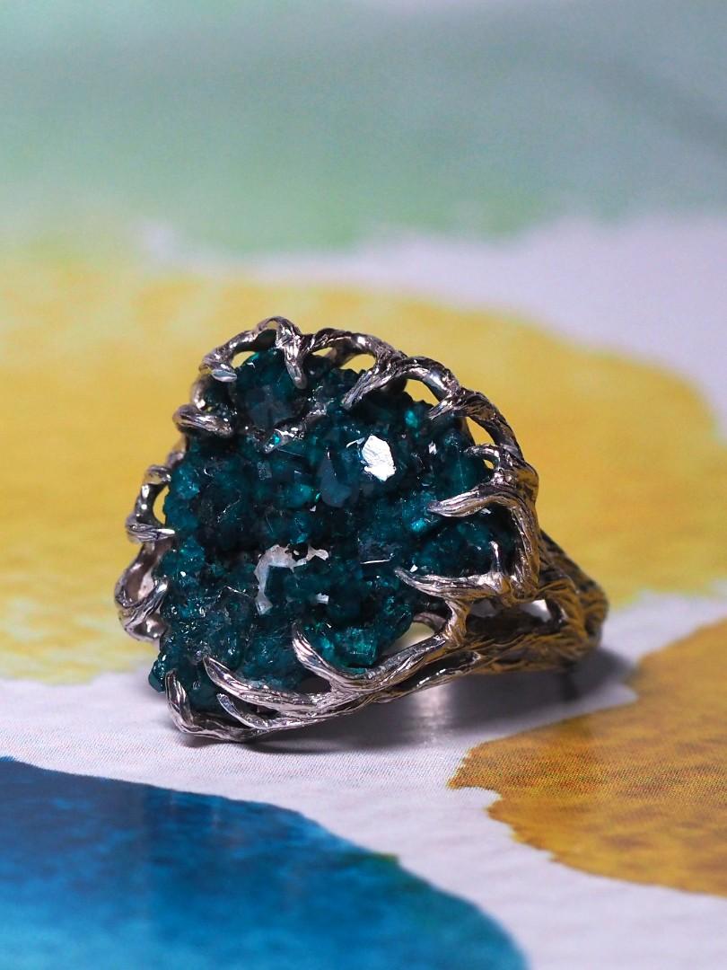 Mens Dioptase Silver Ring Natural Raw Crystal Dark Magic Deep Teal Green Healing 3