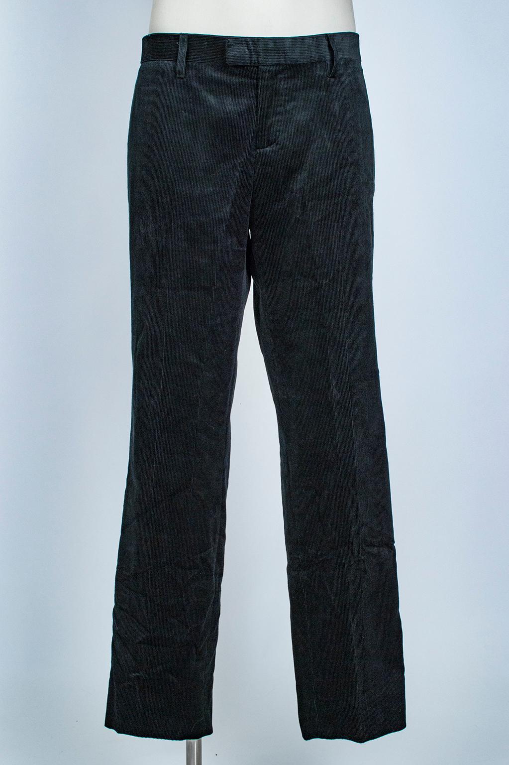 A clever play on sporty vs. dressy, these trousers combine the casual ease of wide wale corduroy with tuxedo pant details like lengthwise velvet side stripes and satin pocket trim. A unique pant that imparts luxury to daytime dressing.

Wide wale