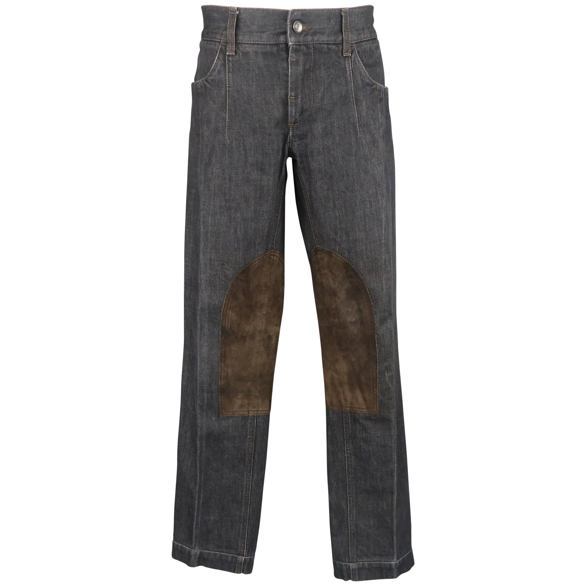 Men
s DOLCE 
GABBANA Size 32 Charcoal Raw Denim Brown Suede Patch Jeans