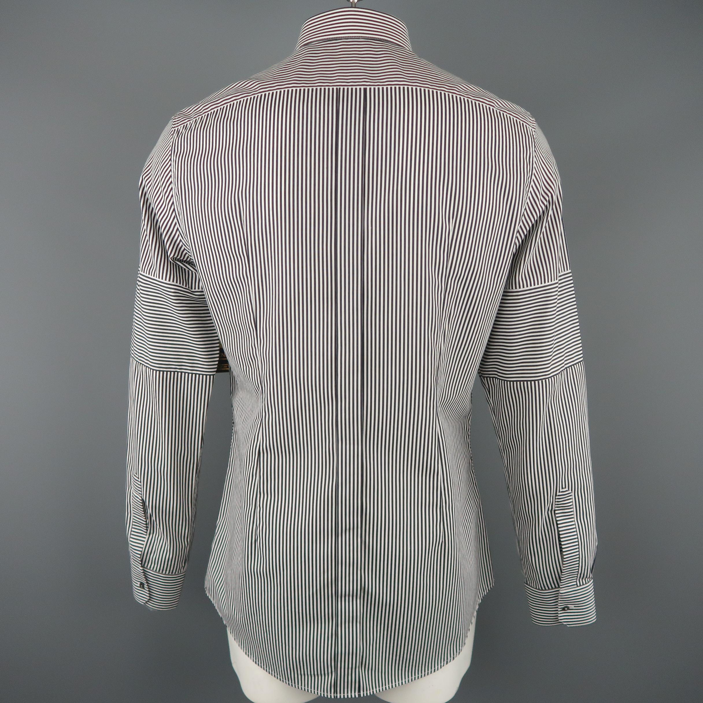 Men's DOLCE & GABBANA Size L White & Black Stripe Patchwork Cotton Long Sleeve 1