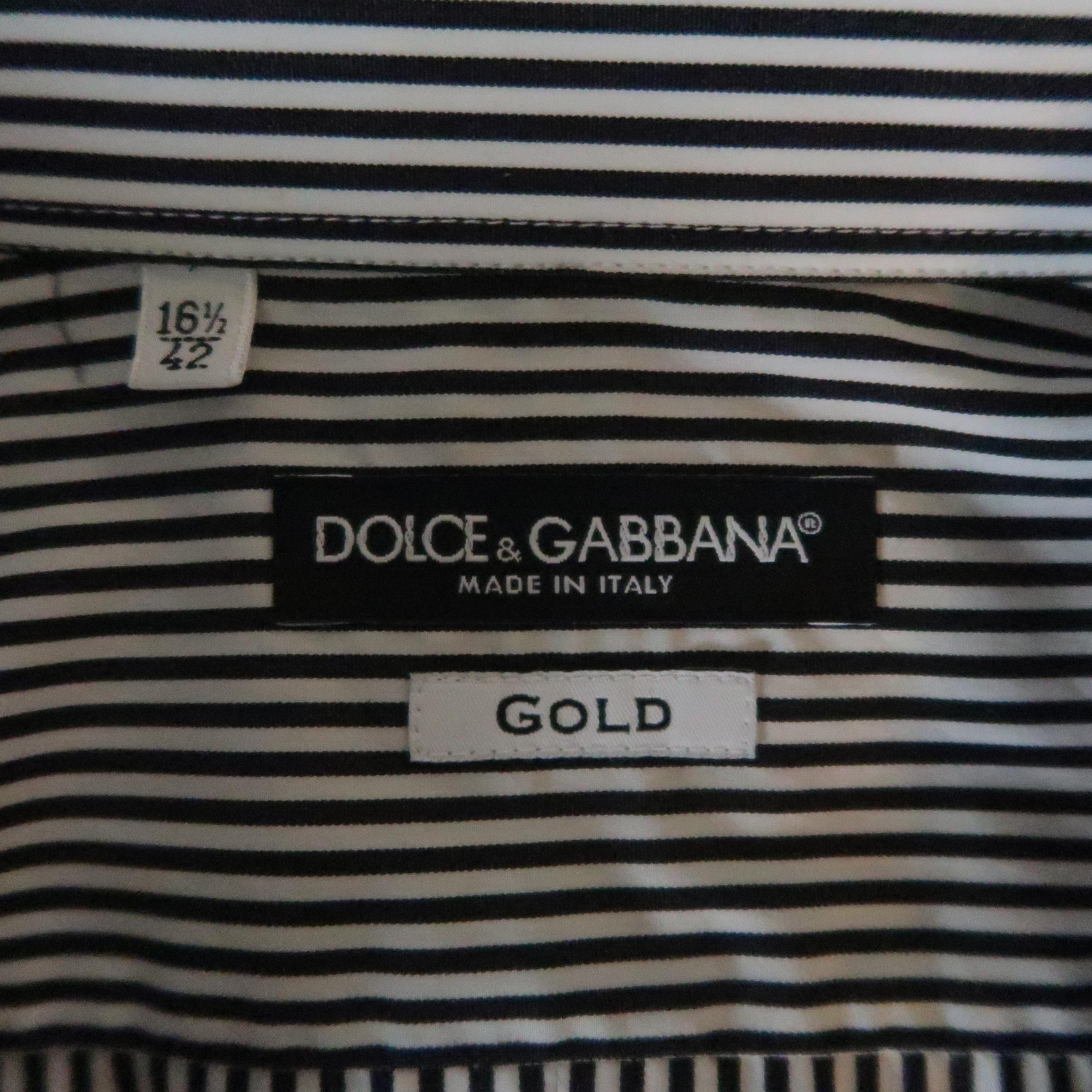 Men's DOLCE & GABBANA Size L White & Black Stripe Patchwork Cotton Long Sleeve 2