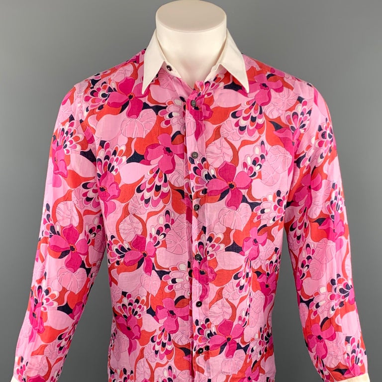 Men's DOLCE and GABBANA Size M Pink Floral Linen Button Up Long Sleeve ...