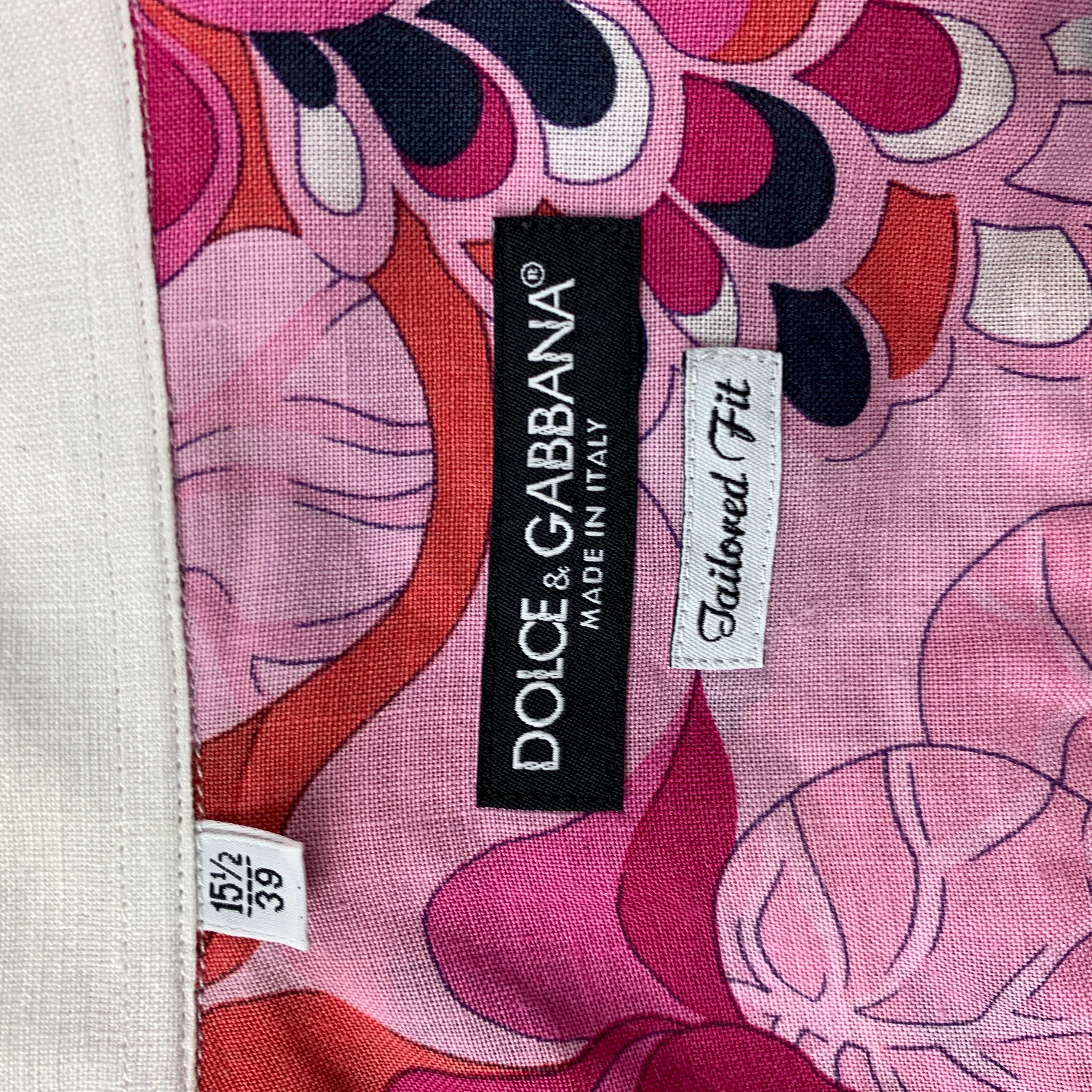 Men's DOLCE & GABBANA Size M Pink Floral Linen Button Up Long Sleeve Shirt In Good Condition In San Francisco, CA