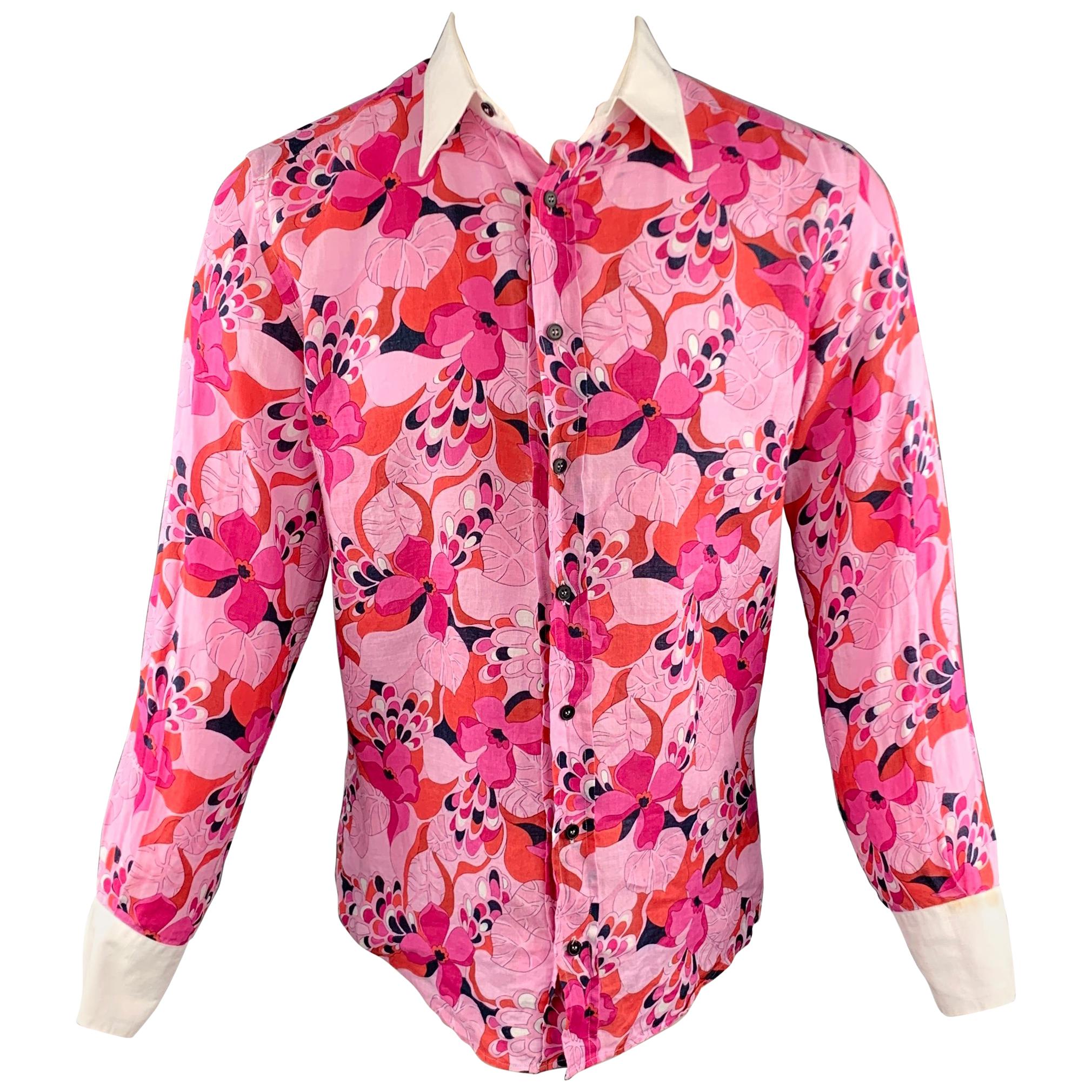 Men's DOLCE & GABBANA Size M Pink Floral Linen Button Up Long Sleeve Shirt