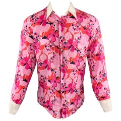 Men's DOLCE & GABBANA Size M Pink Floral Linen Button Up Long Sleeve Shirt