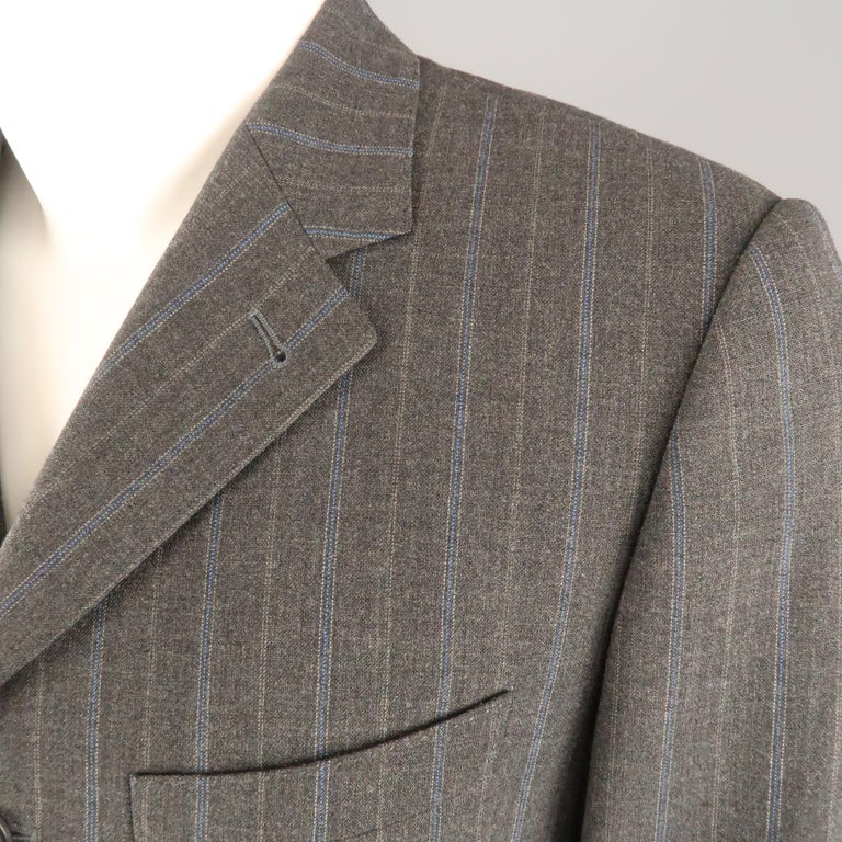 Men's DRIES VAN NOTEN 38 Size 38 Gray and Blue Stripe Wool Notch Lapel ...