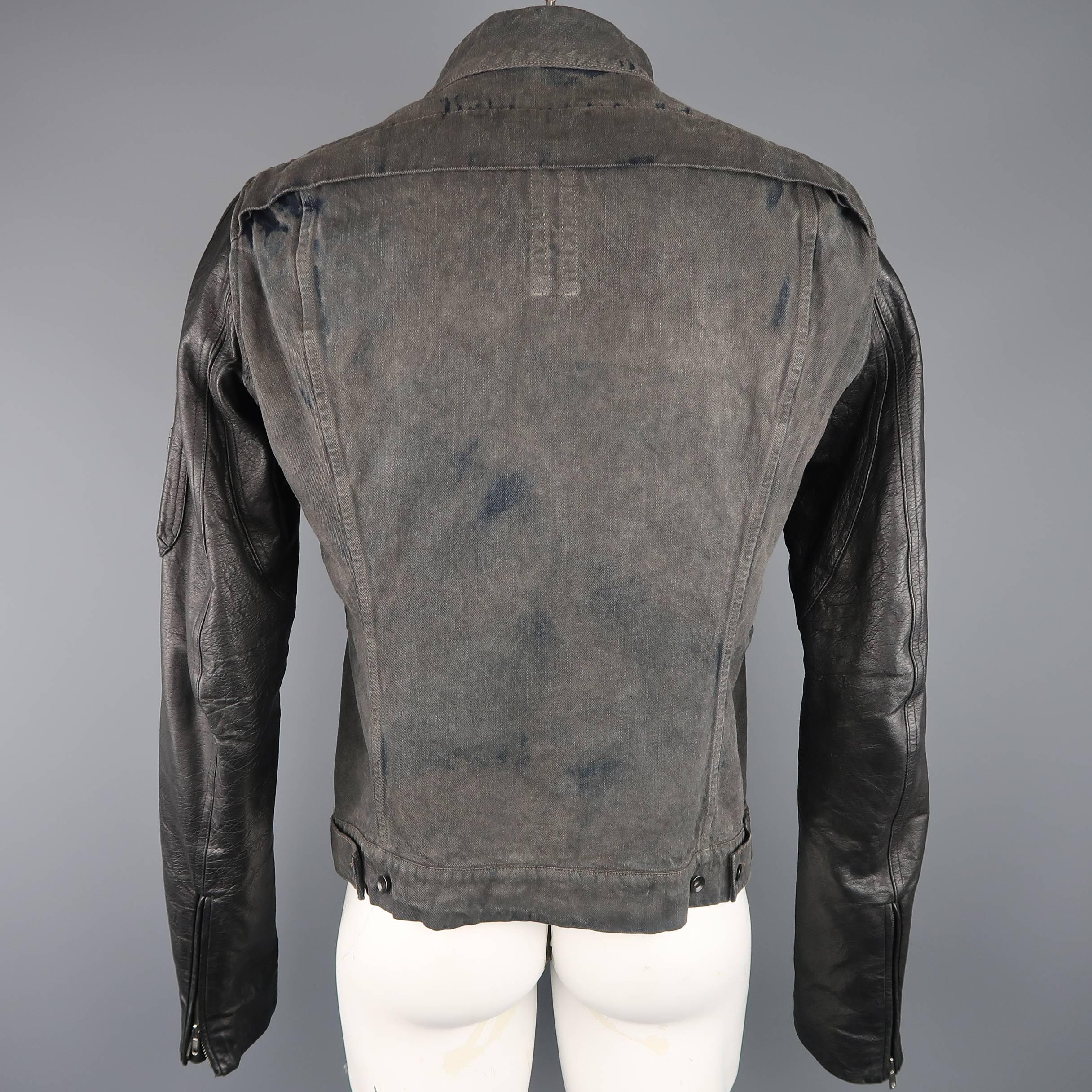 Men's DRKSHDW by Rick Owens Charcoal Dyed Denim Black Leather Bomber Jacket