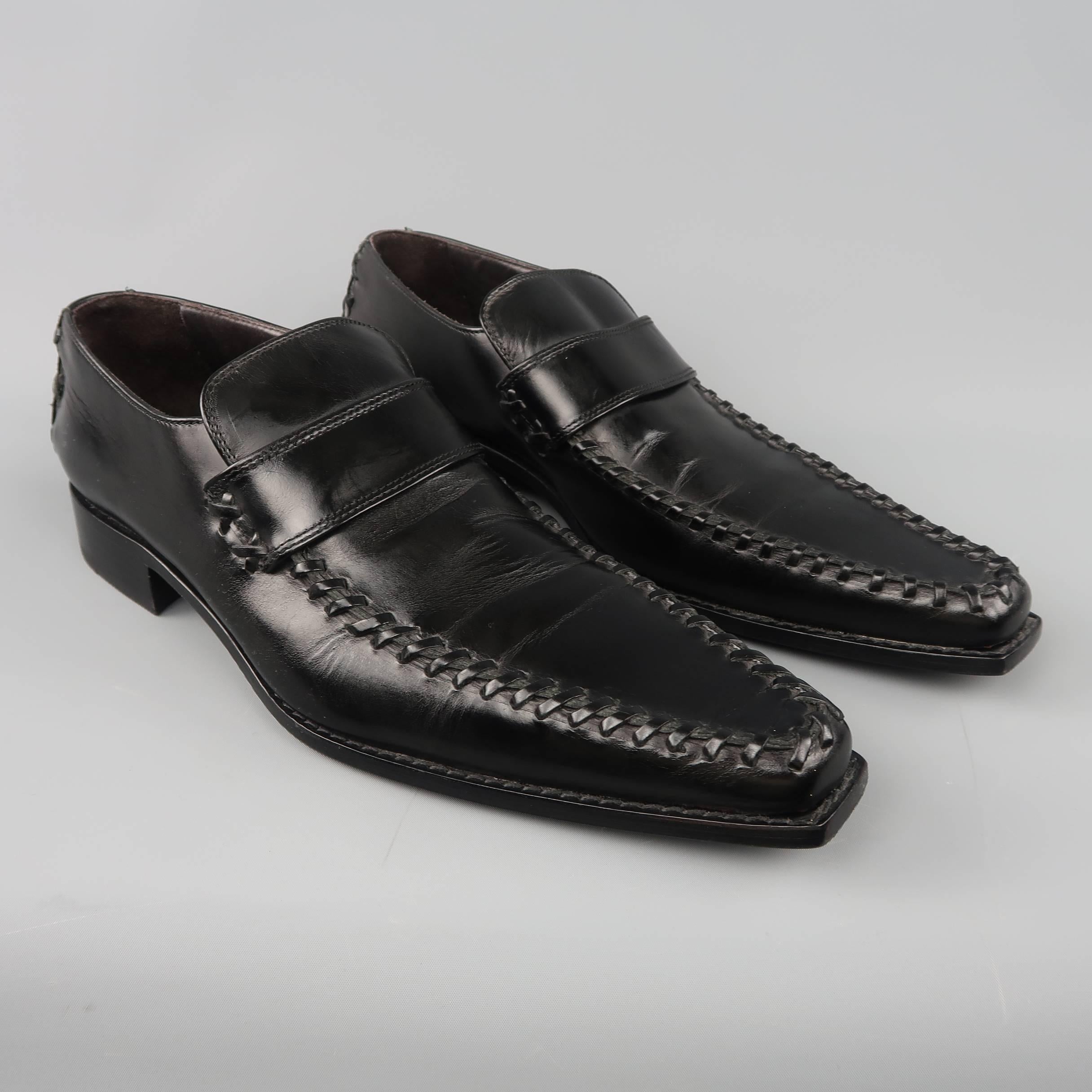 Men's DSQUARED2 Size 12 Black Leather Pointed Whip Stitch Loafers In Excellent Condition In San Francisco, CA