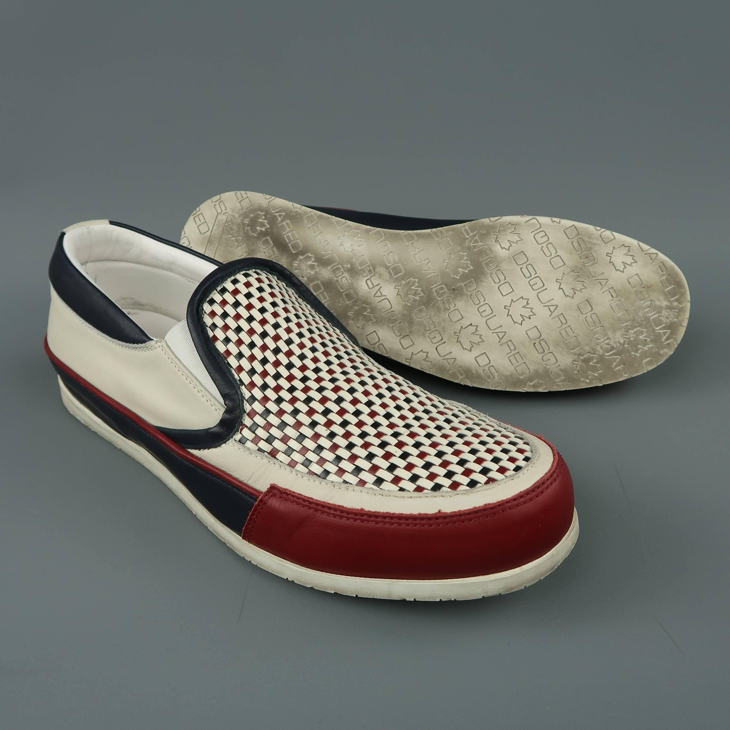 Men's DSQUARED2 Size 12 Red White & Blue Woven Leather Slip On Sneakers In Fair Condition In San Francisco, CA