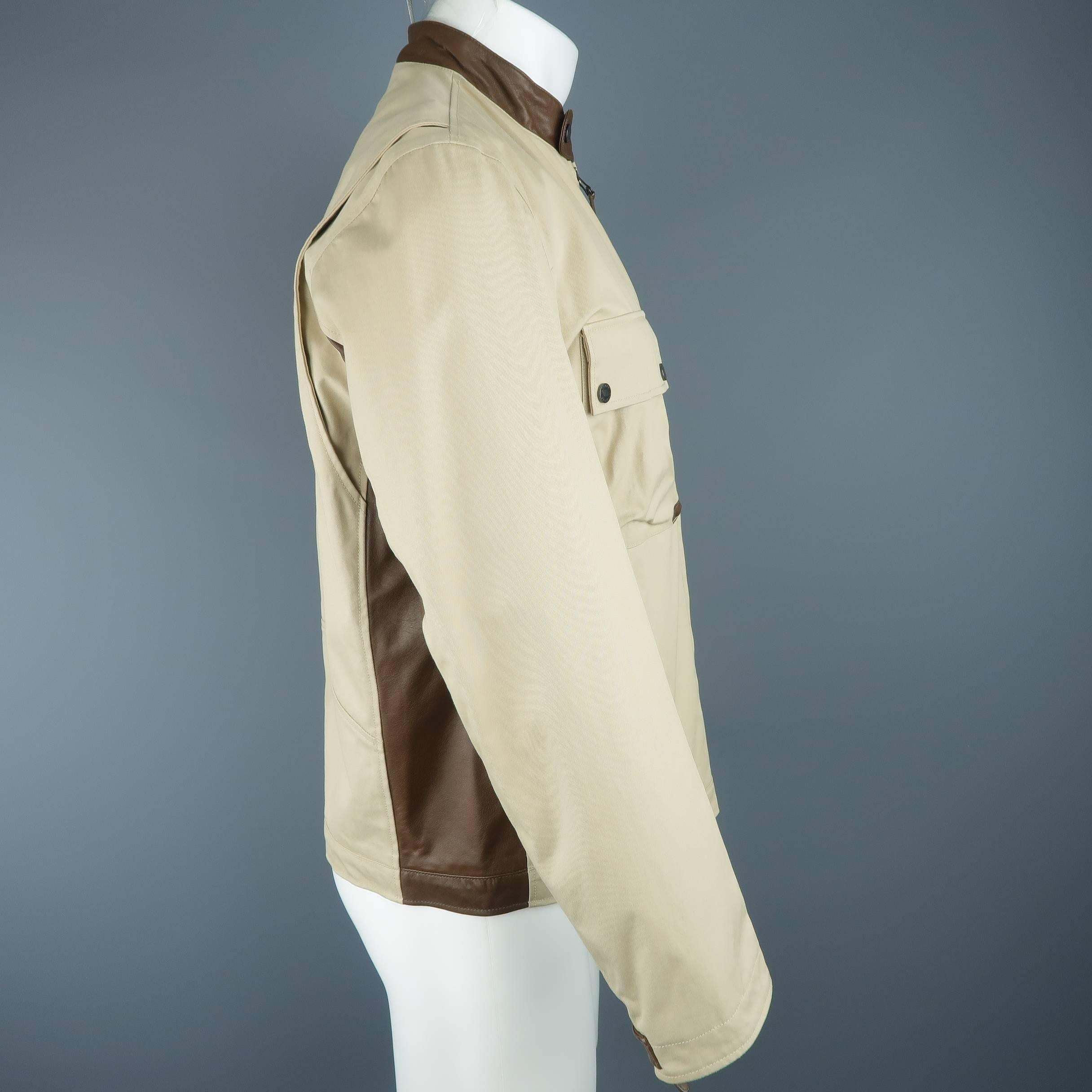 Beige Dunhill Men's 40 Khaki Cotton and Brown Leather Motorcycle Jacket