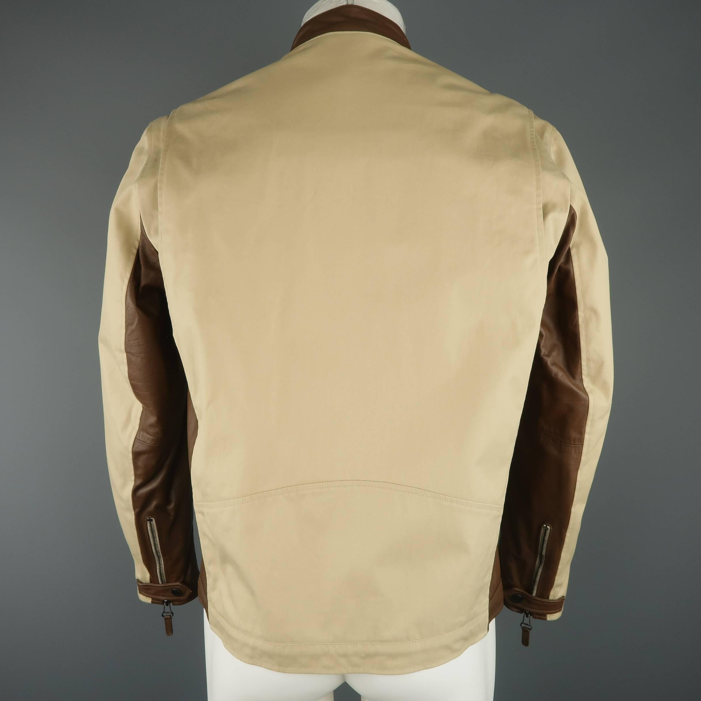 Dunhill Men's 40 Khaki Cotton and Brown Leather Motorcycle Jacket In Good Condition In San Francisco, CA