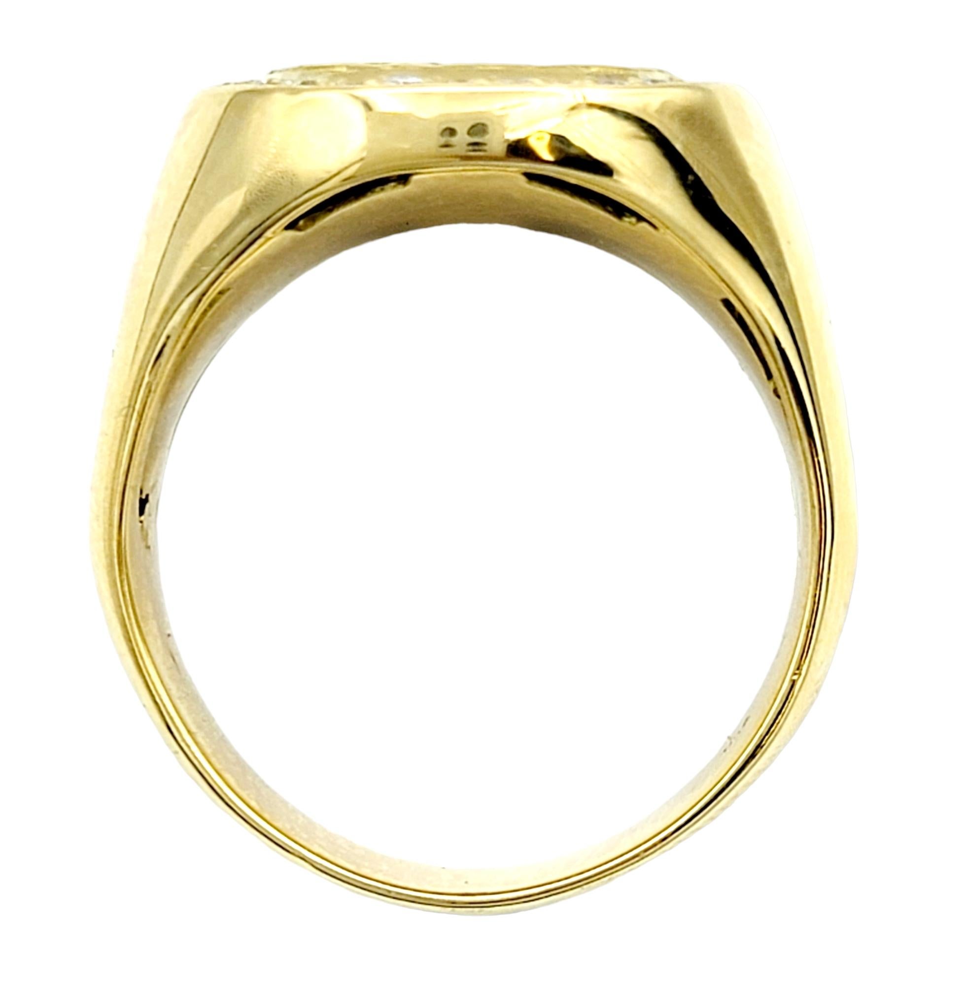 Round Cut Men's Embossed Alligator Pattern Ring with Diamond Halo in 18 Karat Yellow Gold For Sale