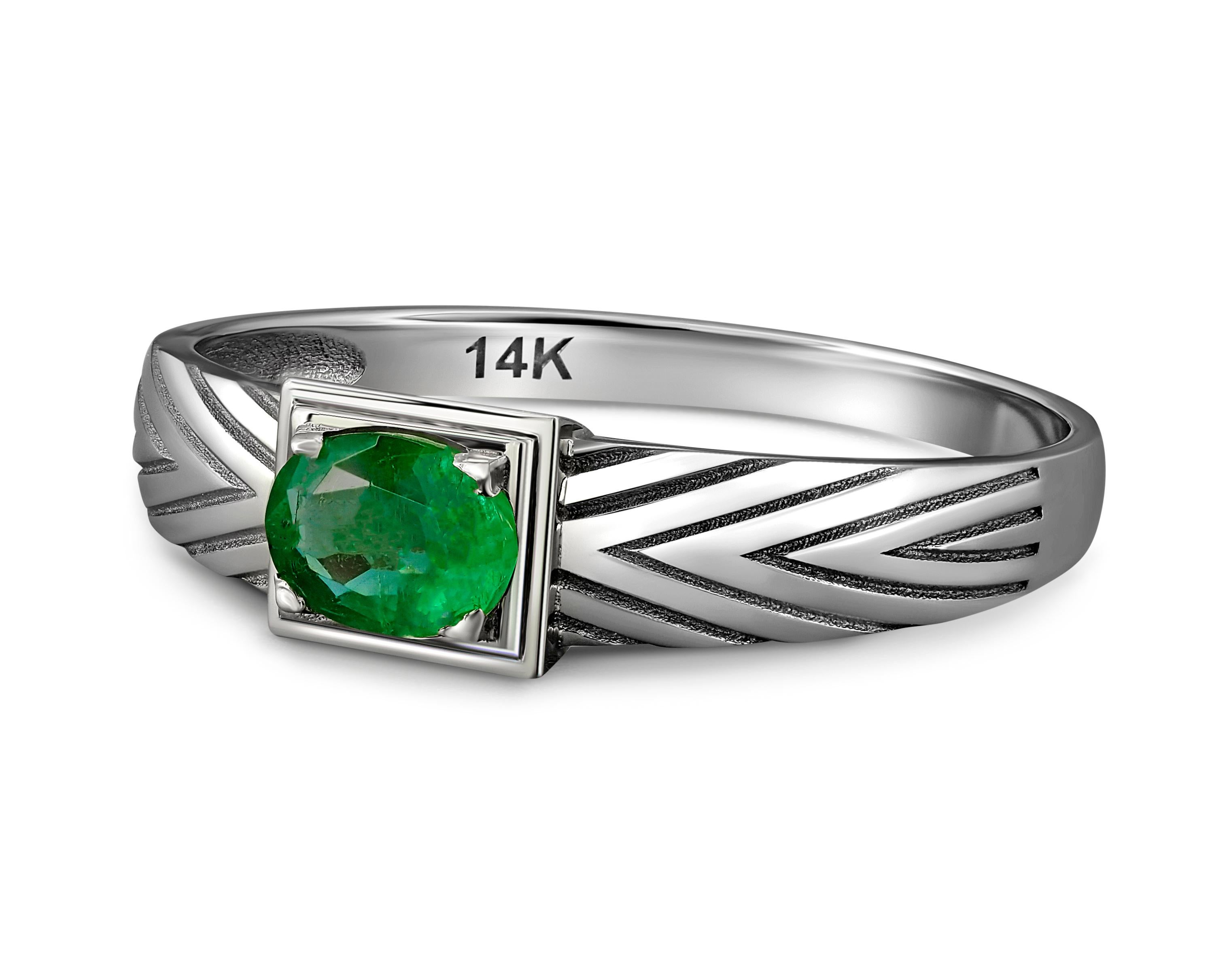 Men's emerald 14k gold ring. 

Oval Emerald gold ring. Men's gold ring. 14k gold emerald ring for men. May birthstone ring for men.

Metal: 14k gold
Weight: 2,0 g. depends from size.

Set with emerald, color - green
Oval cut, apx 0.50 ct. (5x4