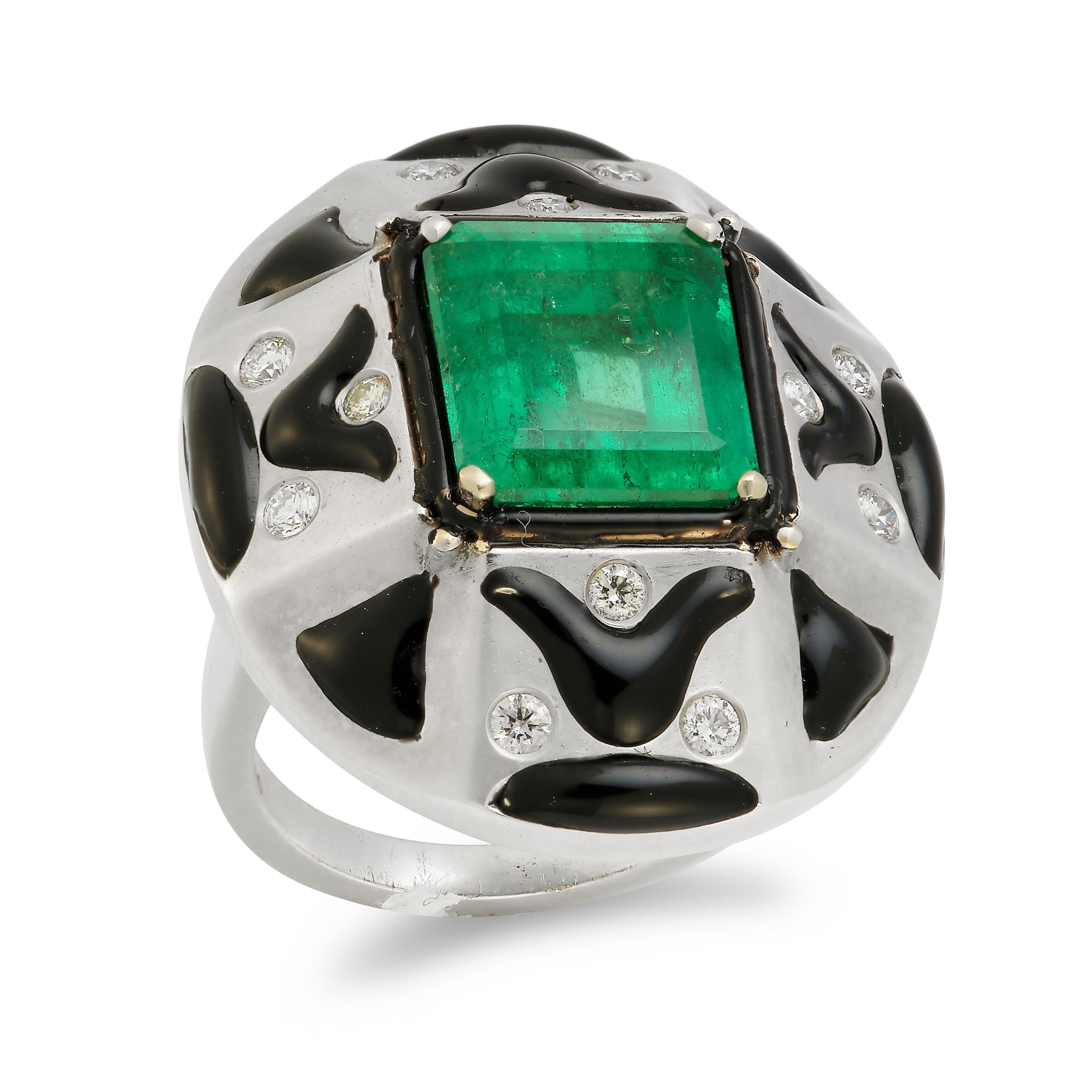 Emerald Cut Men's Emerald and Enamel Ring For Sale