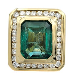 Mens Emerald Cut Emerald and Diamond Halo Statement Ring in 14K Yellow Gold