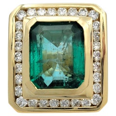 Mens Emerald Cut Emerald and Diamond Halo Statement Ring in 14K Yellow Gold