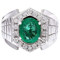 Men's Emerald Diamond Ring In 14 Karat Solid White Gold