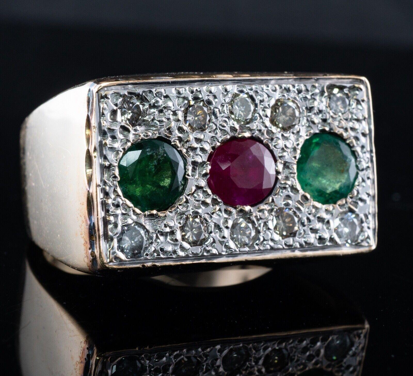 Round Cut Mens Emerald Diamond Ruby Ring Vintage 14K Gold Band For Sale
