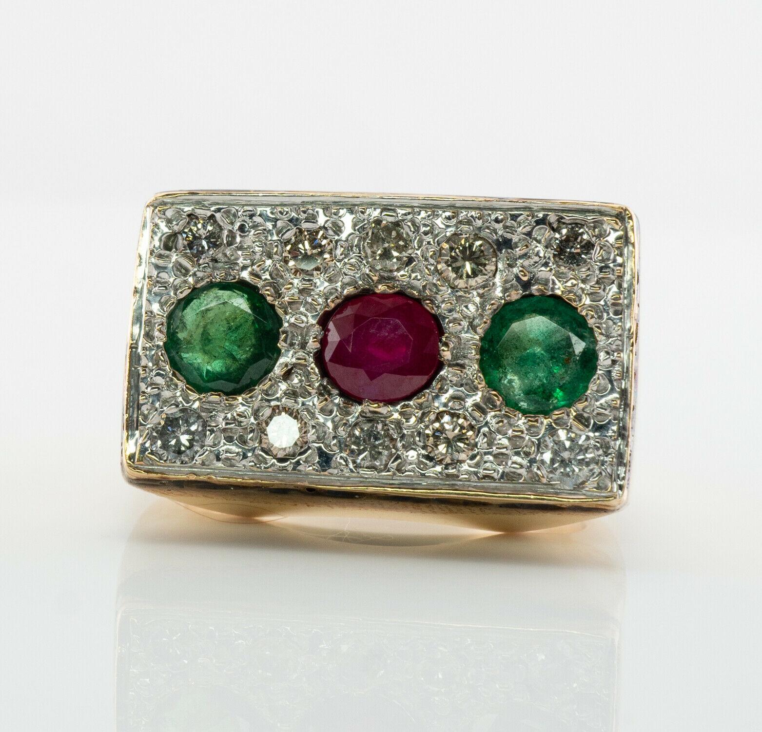Mens Emerald Diamond Ruby Ring Vintage 14K Gold Band In Good Condition For Sale In East Brunswick, NJ