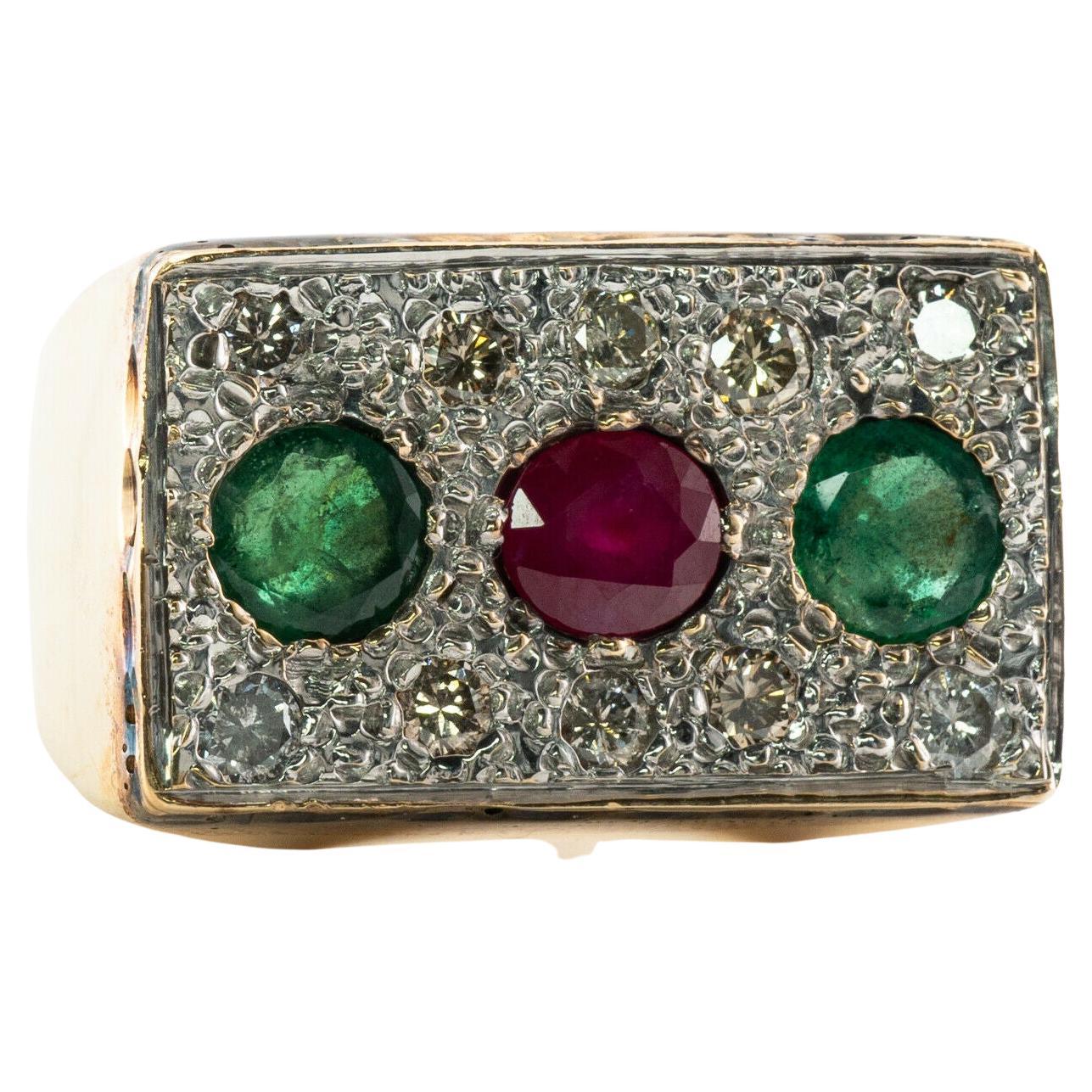 Mens Emerald Diamond Ruby Ring Vintage 14K Gold Band For Sale