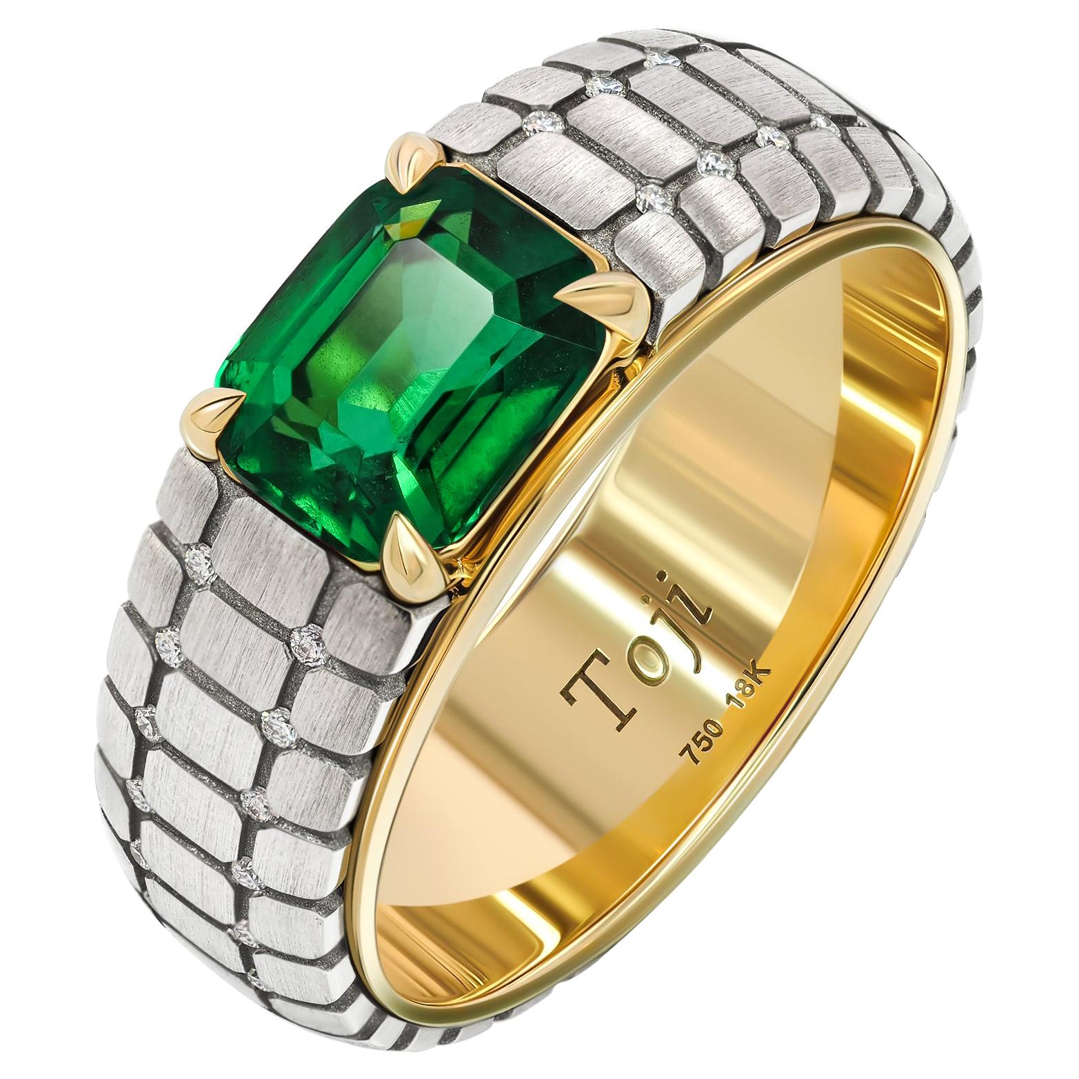 Men’s Emerald Ring, 18k White & Yellow Gold Emerald & Diamonds Ring For Sale