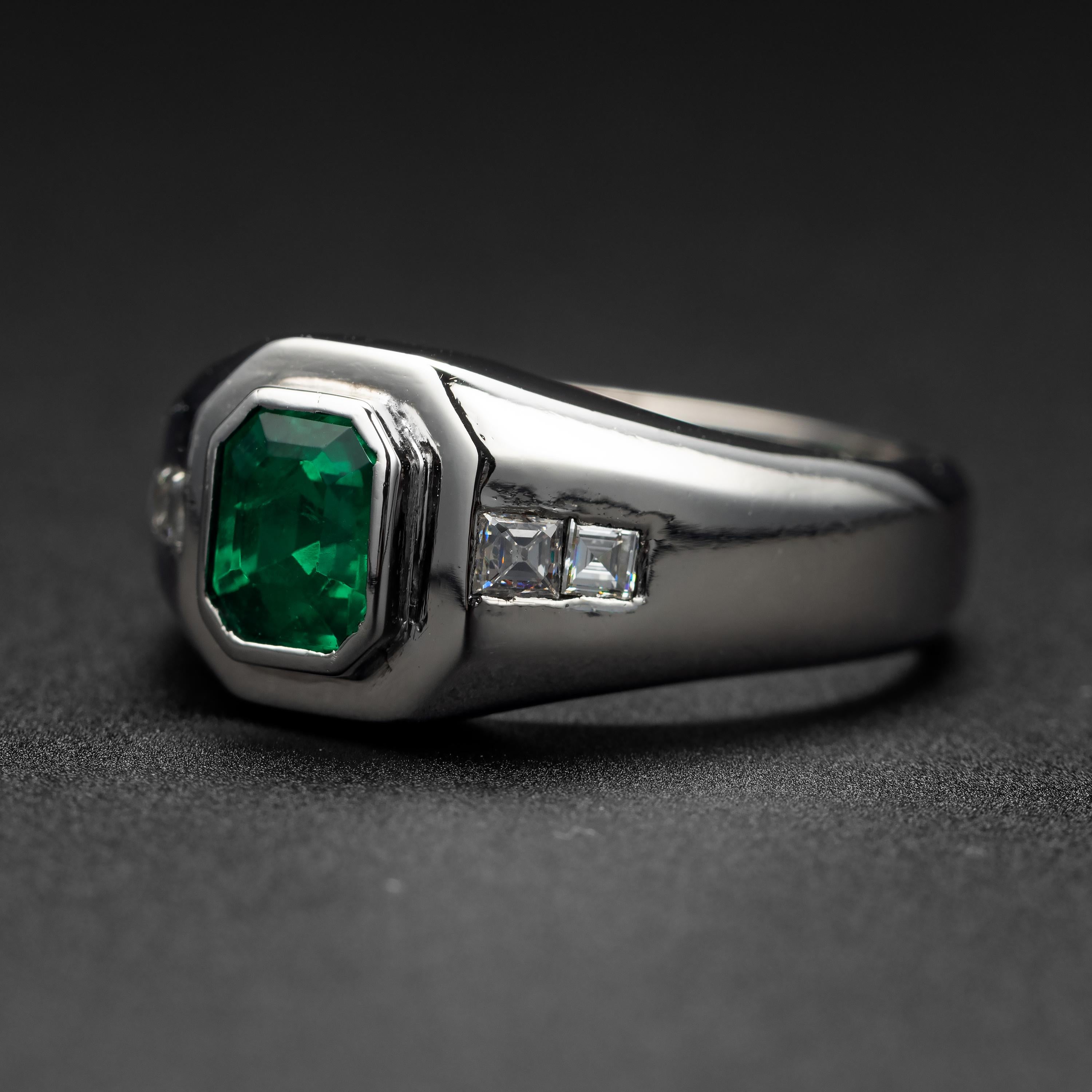 Contemporary Men's Emerald Ring with Diamonds in Platinum