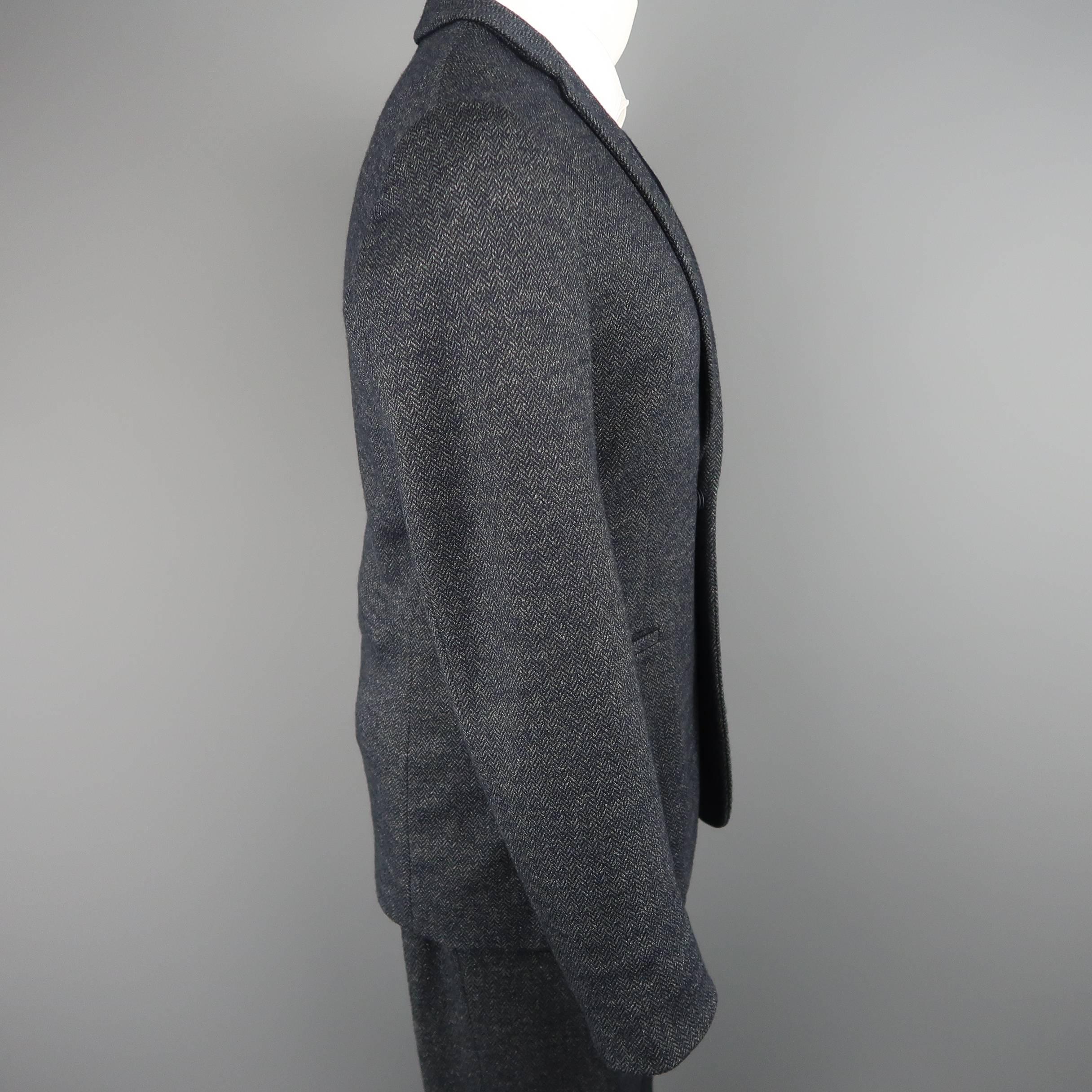 Black Men's EMPORIO ARMANI 38 Short Navy Herringbone Wool / Cotton 3 Piece Suit