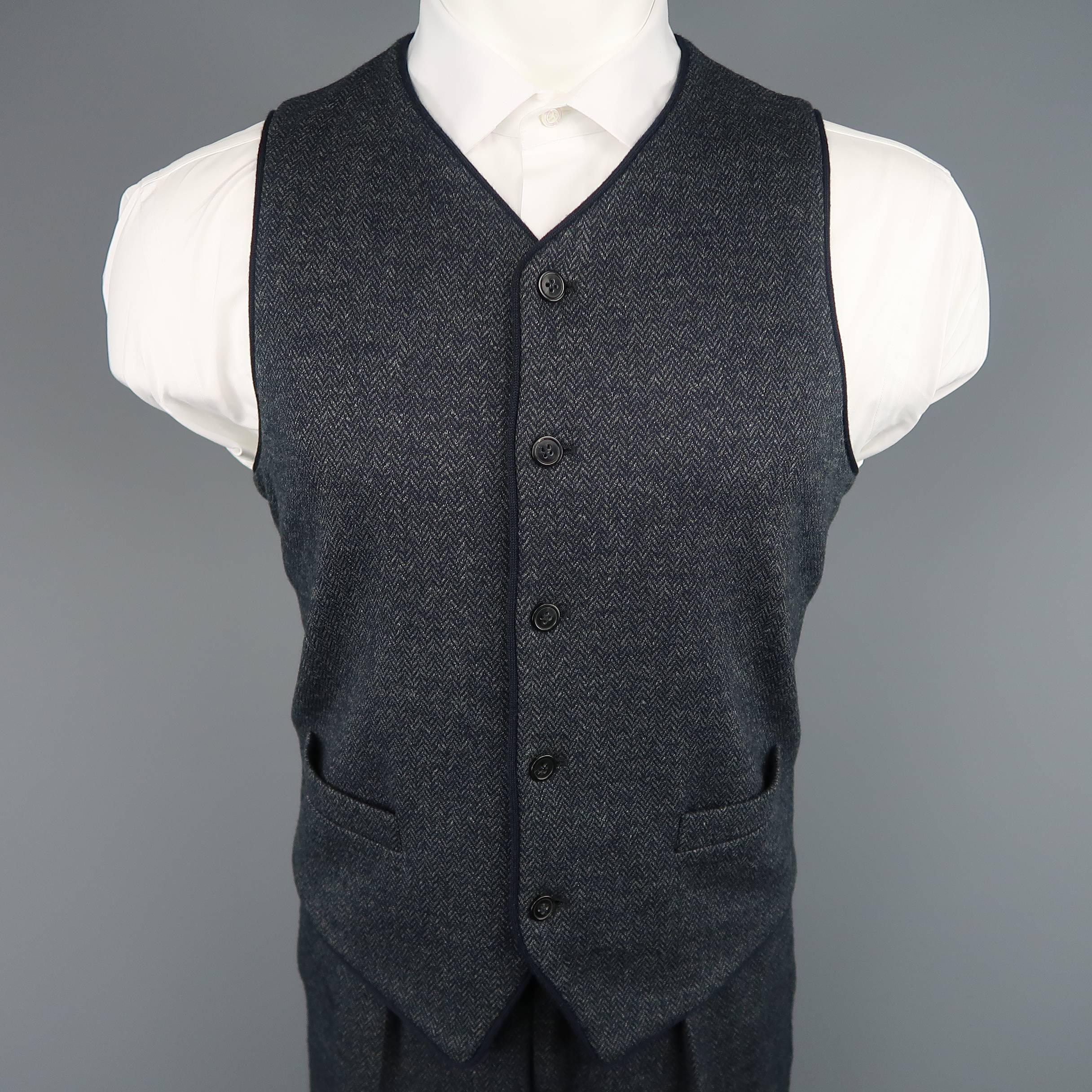 Men's EMPORIO ARMANI 38 Short Navy Herringbone Wool / Cotton 3 Piece Suit 1