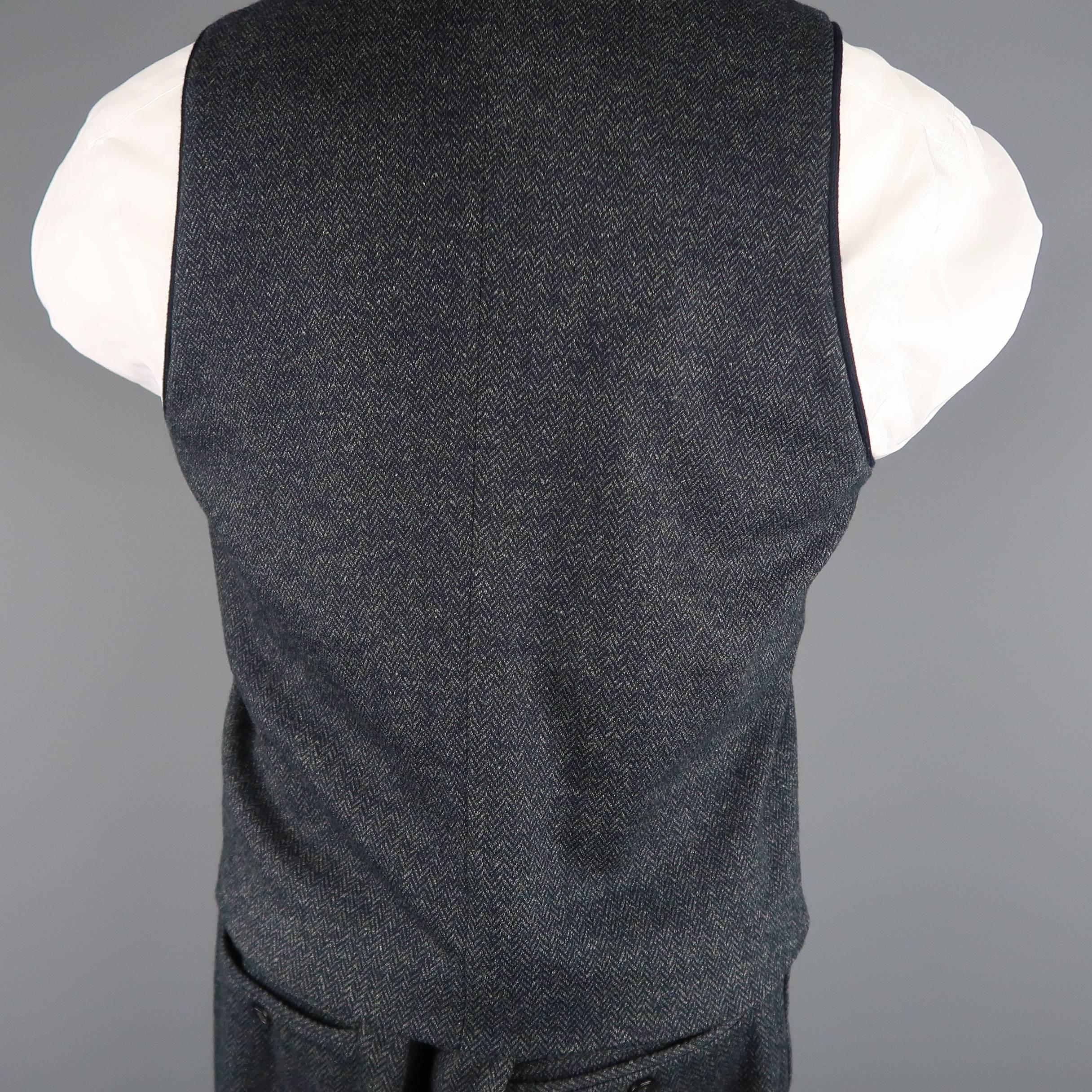 Men's EMPORIO ARMANI 38 Short Navy Herringbone Wool / Cotton 3 Piece Suit 2