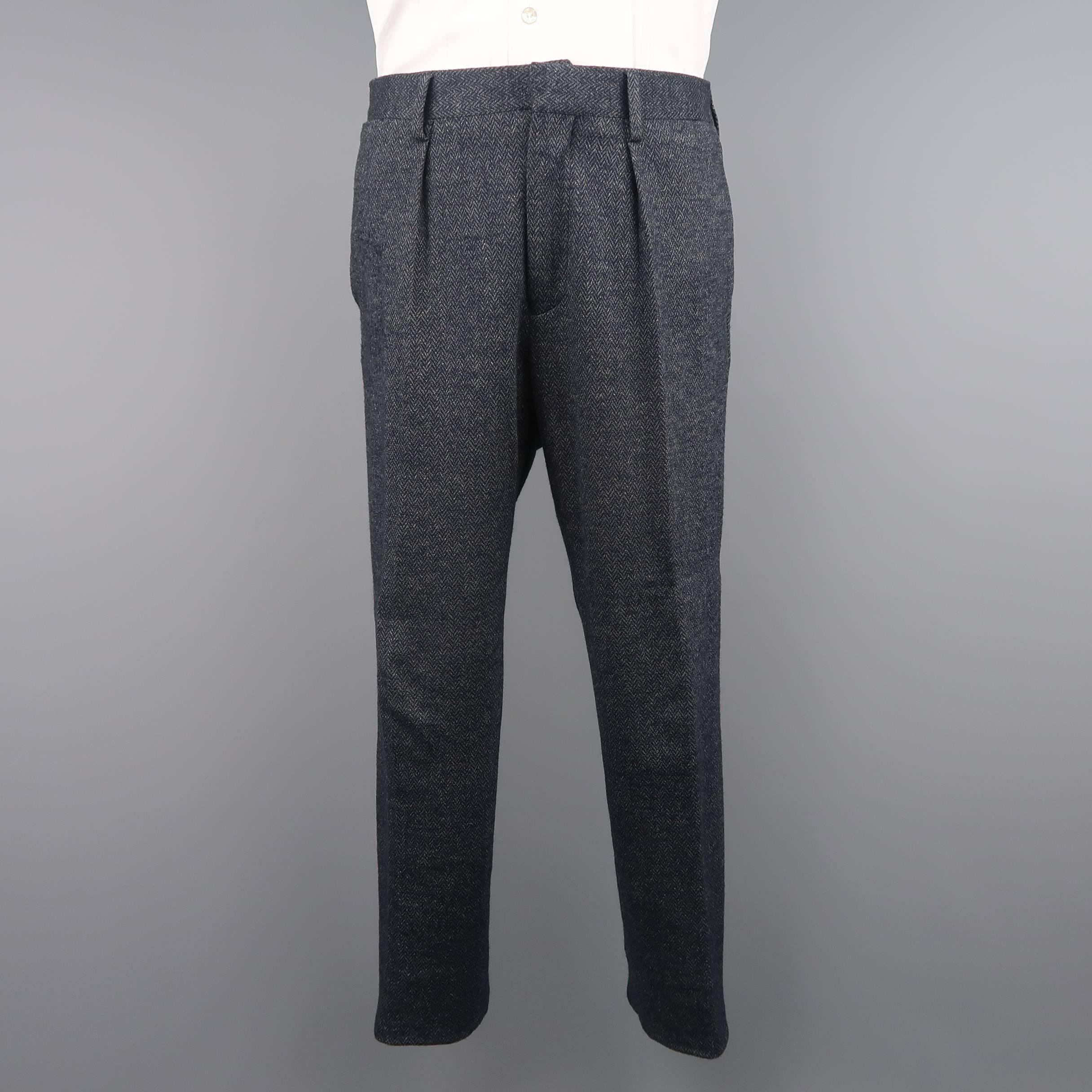 Men's EMPORIO ARMANI 38 Short Navy Herringbone Wool / Cotton 3 Piece Suit 3