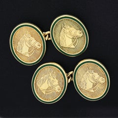 Men's English 18K Yellow Gold Detailed Horse Head Green Enamel Border Cuff Links