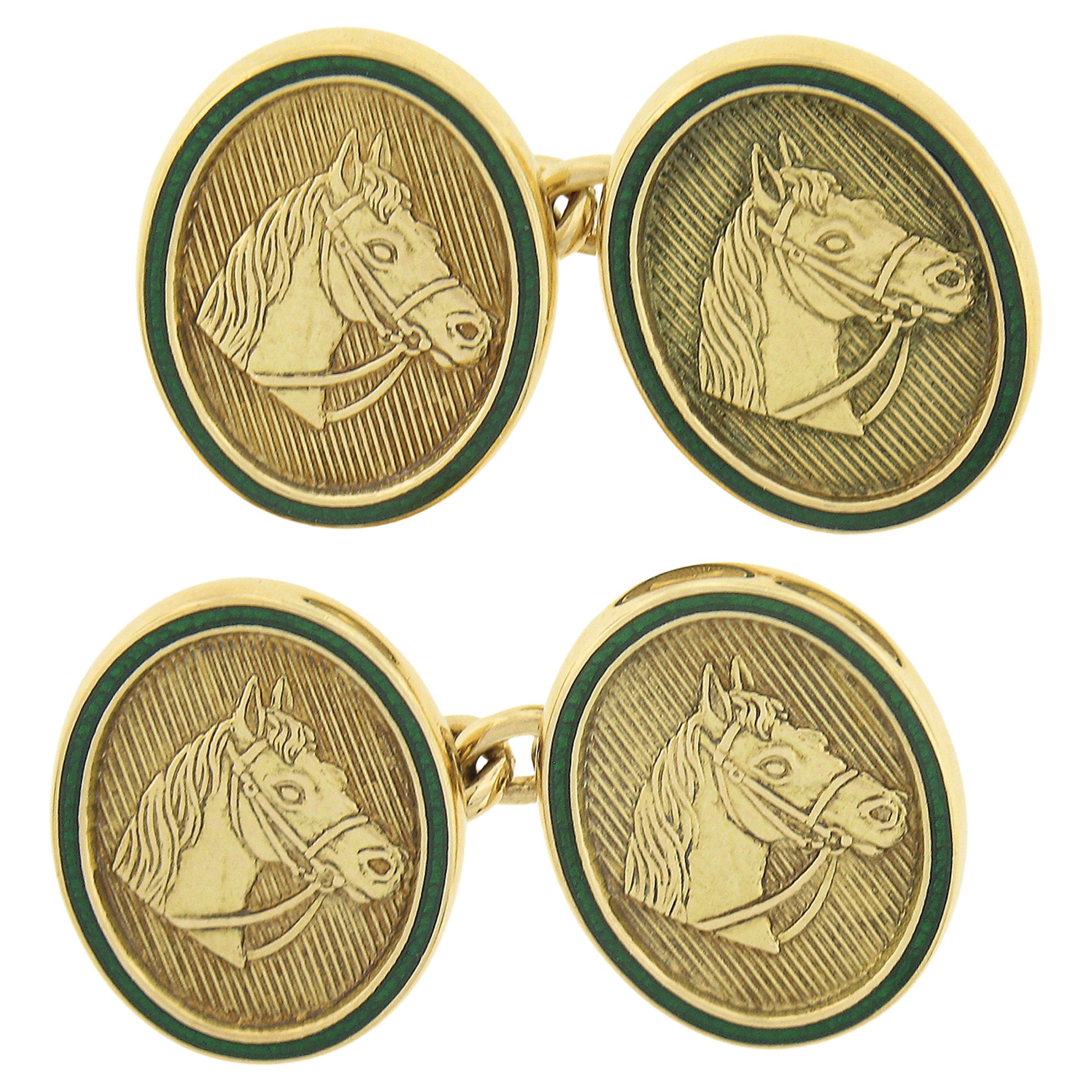 Men's English 18K Yellow Gold Detailed Horse Head Green Enamel Border Cuff Links For Sale