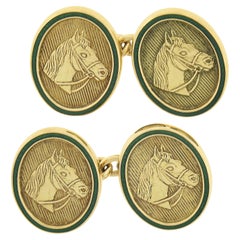 Vintage Men's English 18K Yellow Gold Detailed Horse Head Green Enamel Border Cuff Links