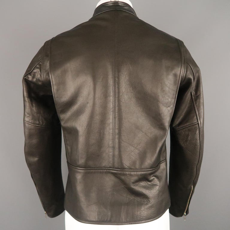 Men's EPAULET M Black Leather Tab Band Collar Biker Jacket at 1stdibs