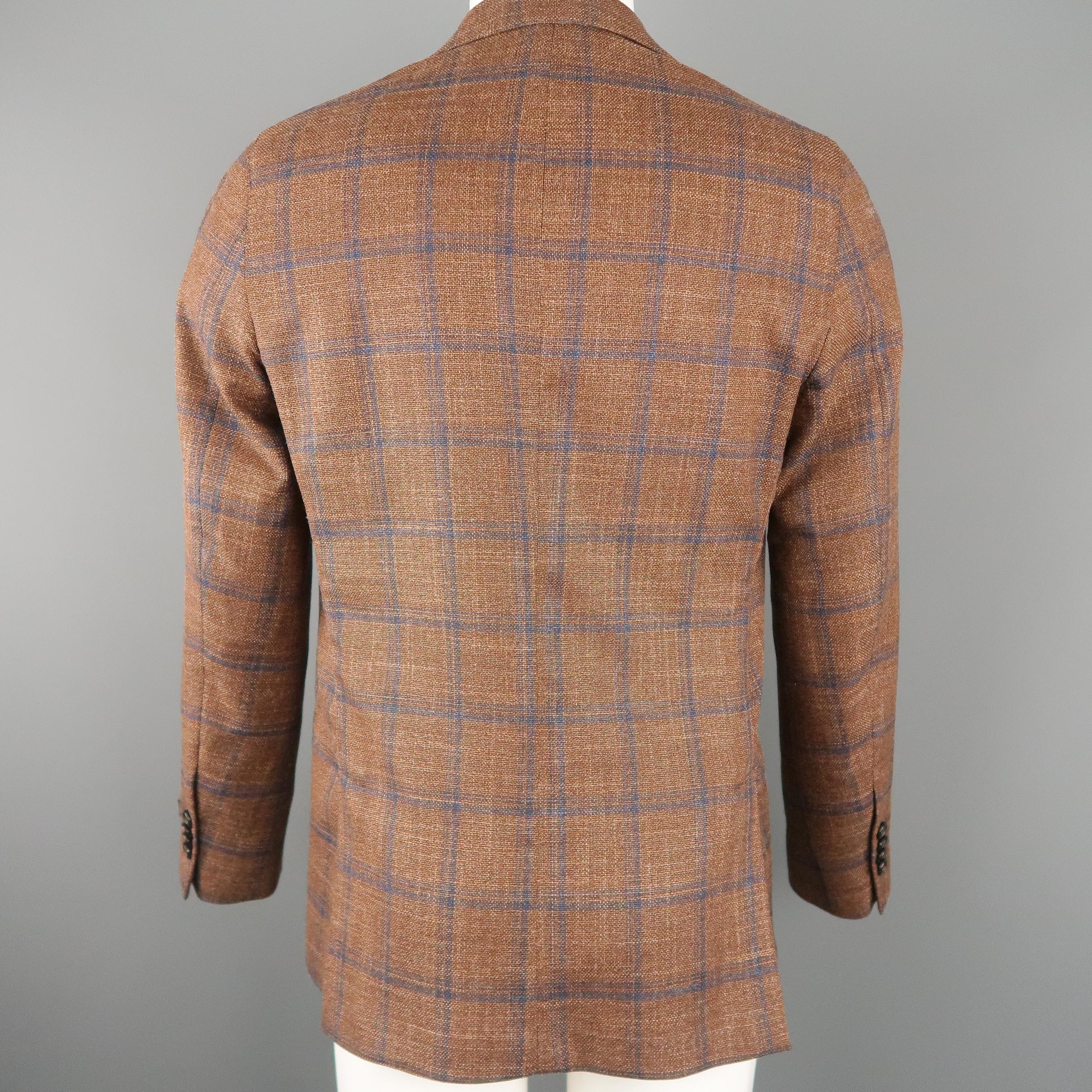 Men's EREDI PISANO 38 Brown & Navy Window Pane Wool / Silk Sport Coat In New Condition In San Francisco, CA