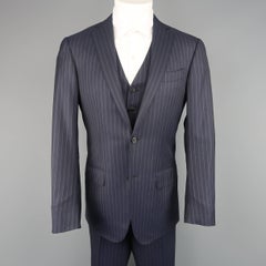 Men's ERMENEGILDO ZEGNA Suit - 40 Regular Navy Wool Pinstripe 3 Piece Suit