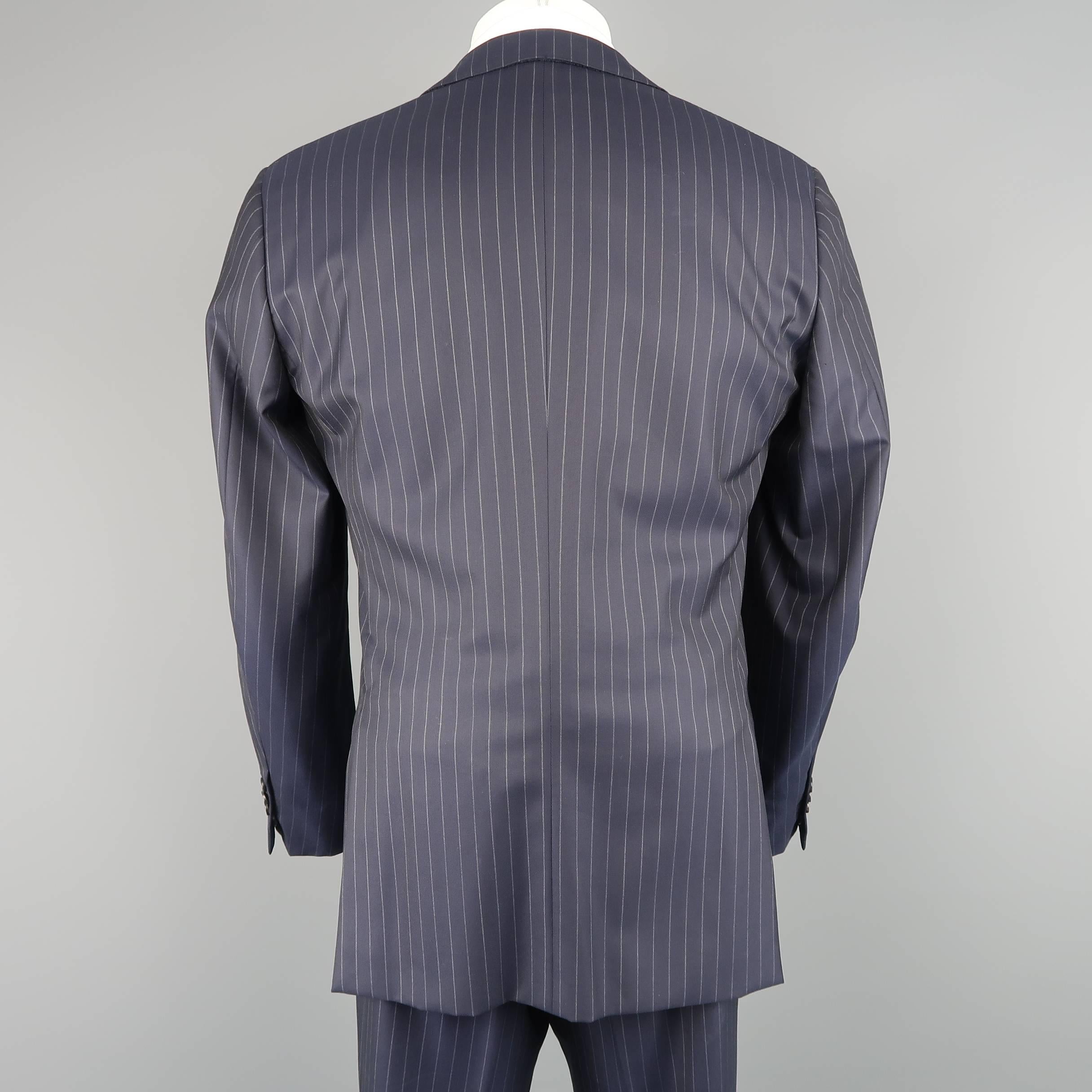 Black Men's ERMENEGILDO ZEGNA Suit - 40 Regular Navy Wool Pinstripe 3 Piece Suit
