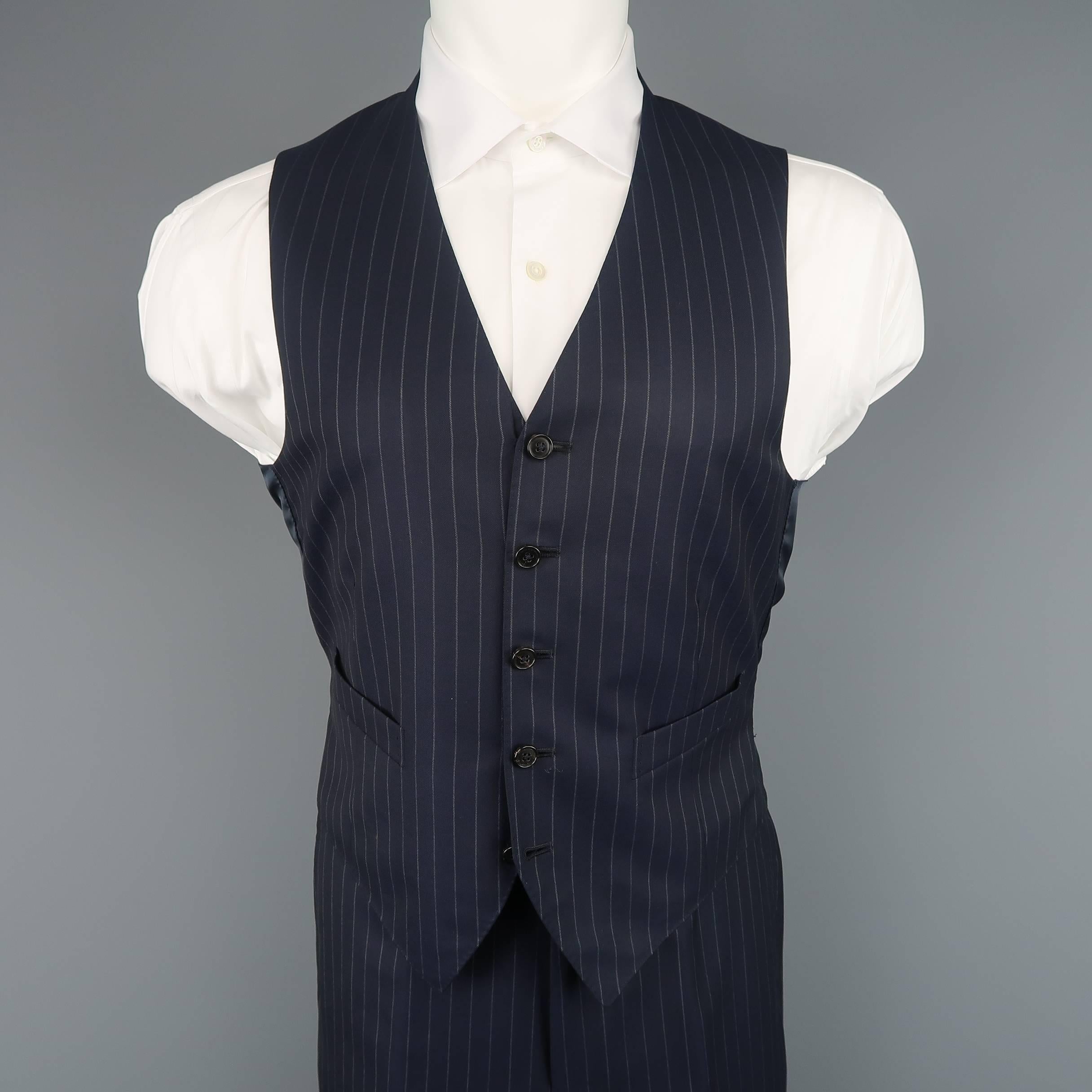 Men's ERMENEGILDO ZEGNA Suit - 40 Regular Navy Wool Pinstripe 3 Piece Suit In Good Condition In San Francisco, CA