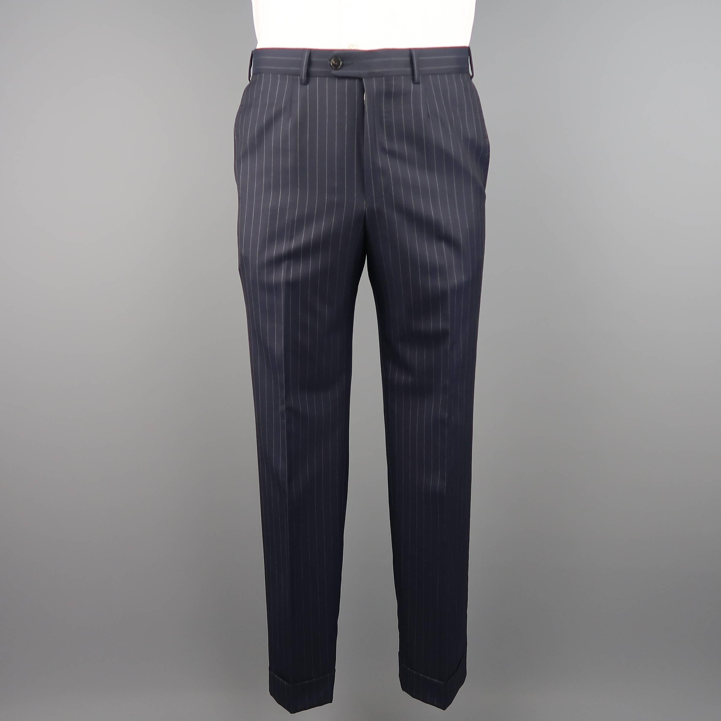 Men's ERMENEGILDO ZEGNA Suit - 40 Regular Navy Wool Pinstripe 3 Piece Suit 2