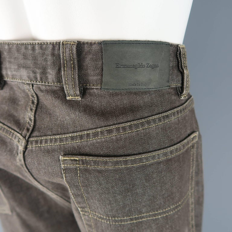 Men's ERMENEGILDO ZEGNA Size 32 Brown Raw Denim Straight Leg Jeans at ...