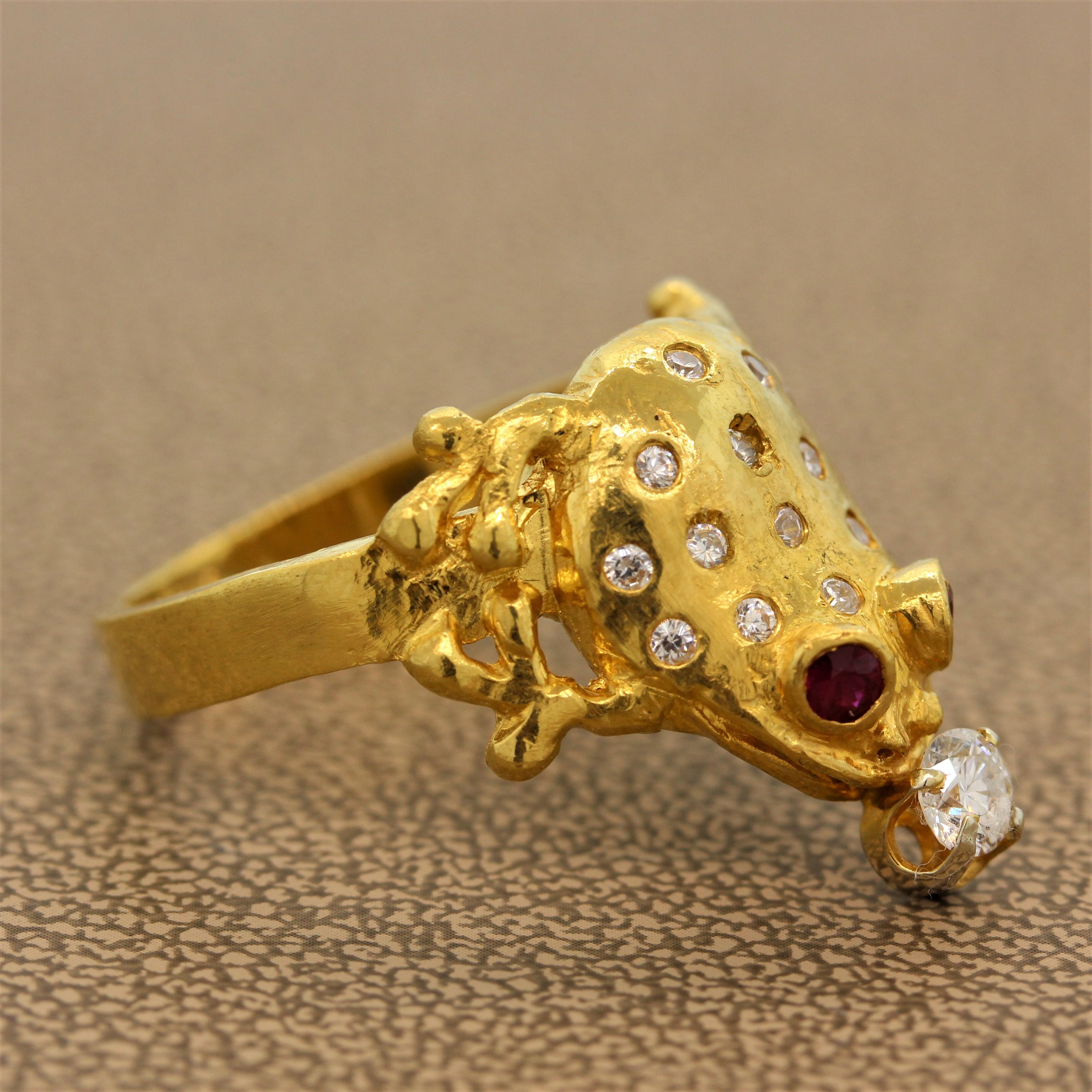 Men’s Ruby Diamond Gold Frog Ring In Excellent Condition In Beverly Hills, CA