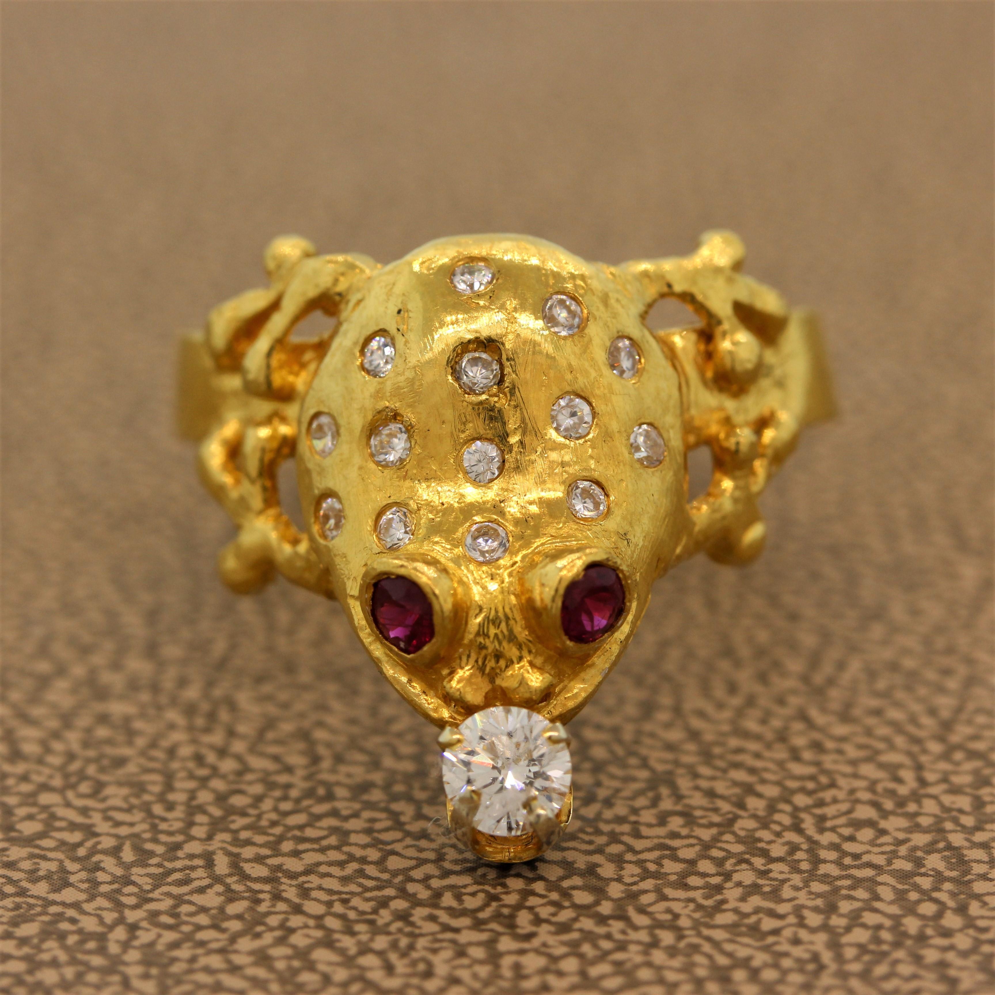 Ribbit Ribbit! This leaping frog may not turn into prince charming with a kiss but he can surely enchant anyone with his bezel set ruby eyes and diamond studded body set in 22K yellow gold. This ring will definitely bring luck and fortune to your