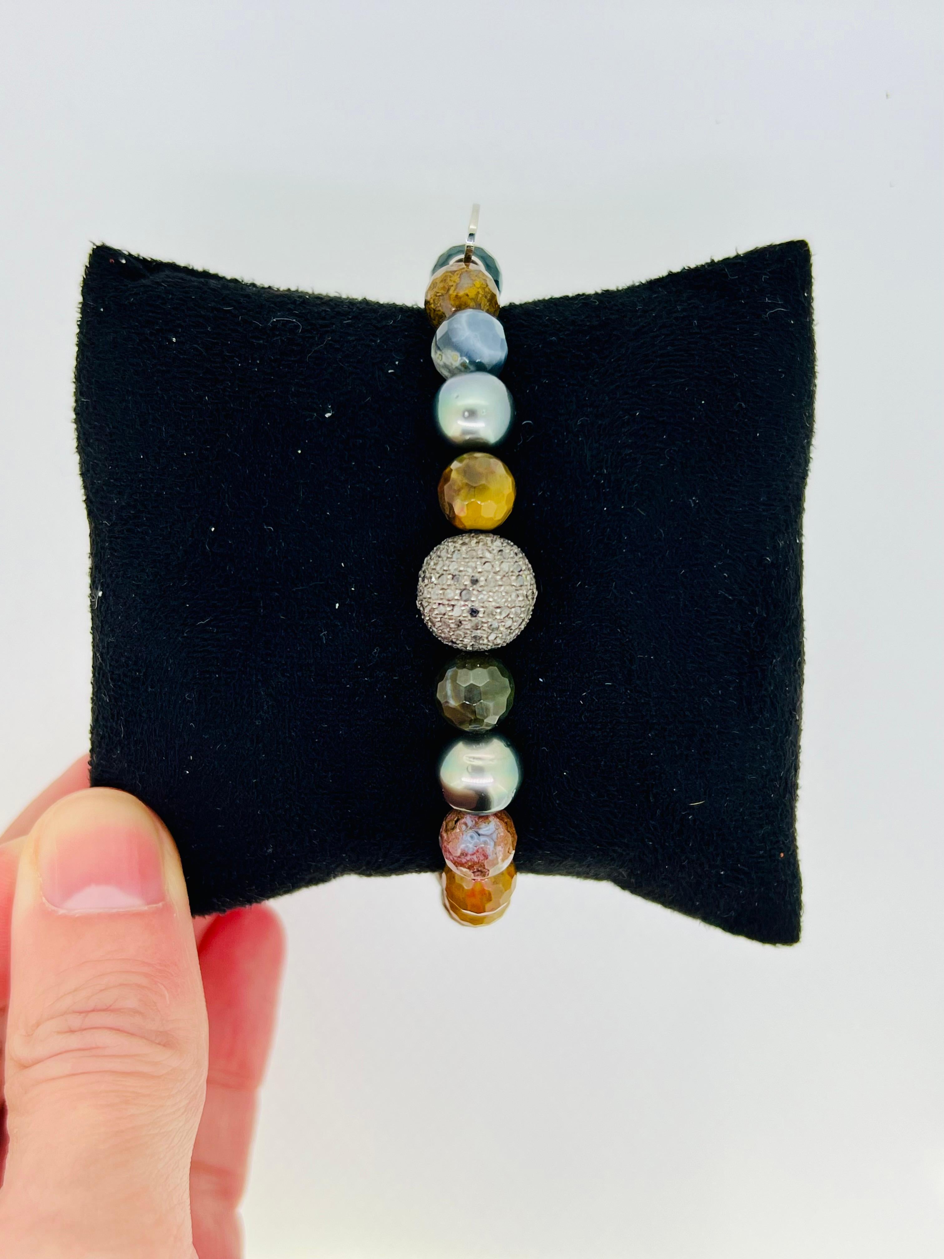 Bead Men's Faceted Jasper & Tahitian Pearl Bracelet with Diamond-Accented Silver Orb For Sale